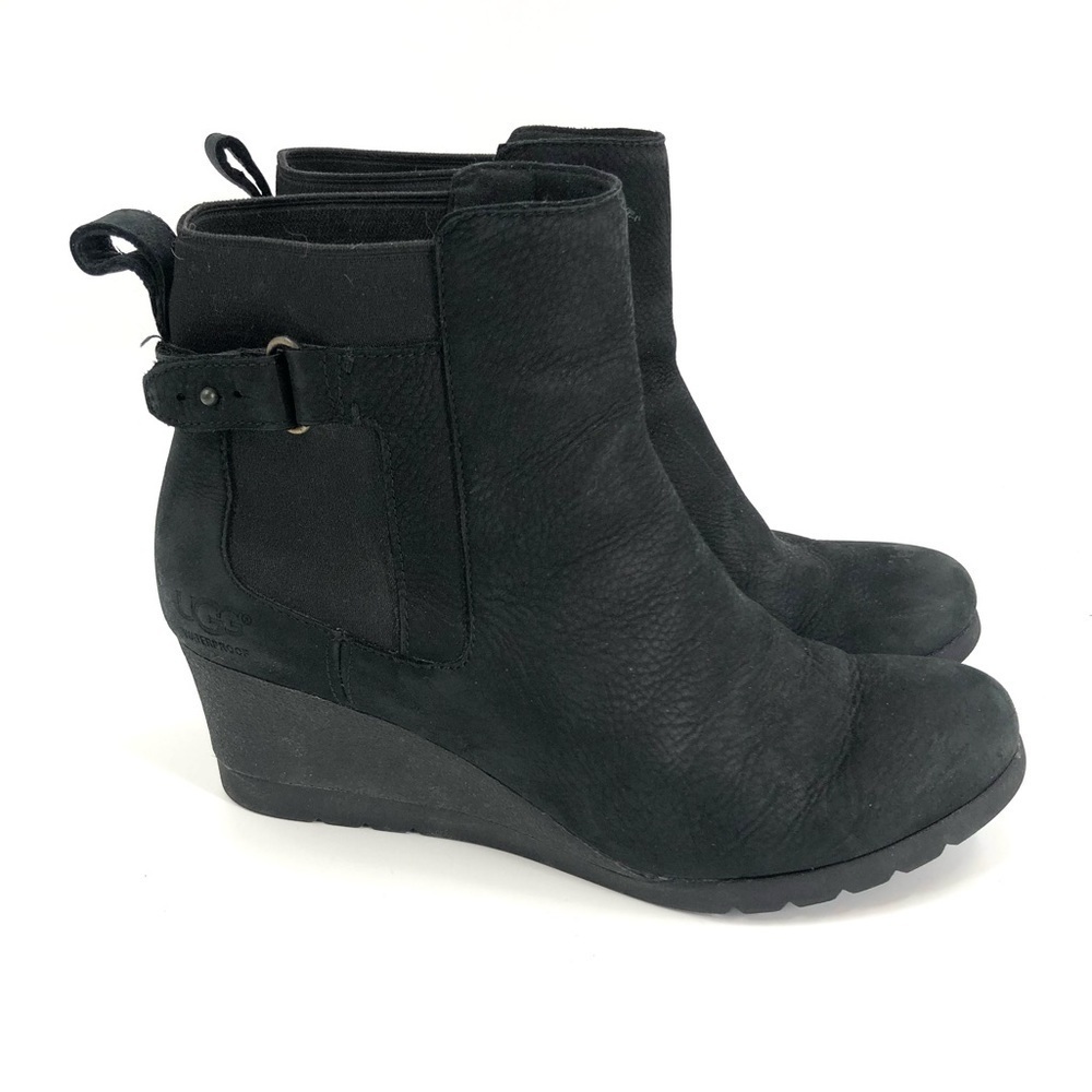 UGG Indra Waterproof Wedge Booties Black Suede Leather Ankle Boots Size 10